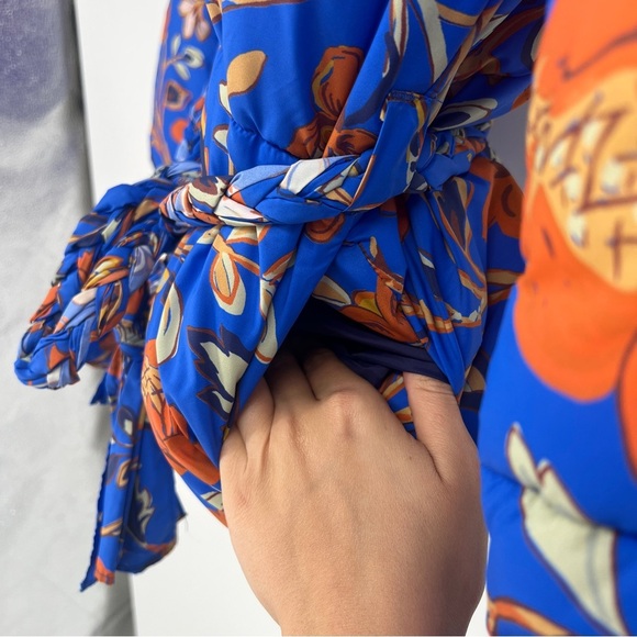 RHODE Blue Orange Floral Wrap Hooded Winter Designer Boho Puffer Coat Small NWOT - Picture 6 of 8